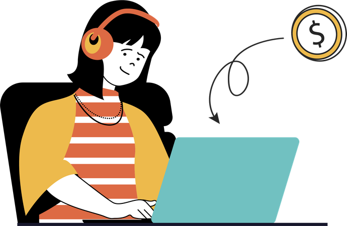 Woman checking online money using laptop  Illustration
