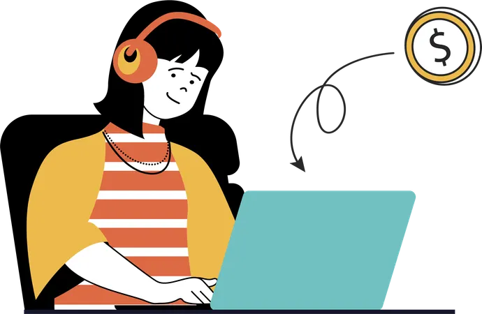 Woman checking online money using laptop  Illustration