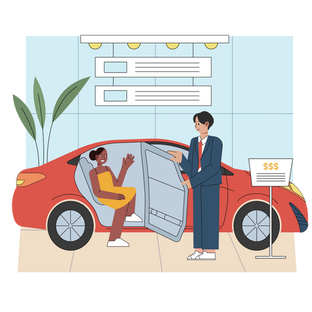 Woman checking out new car  Illustration