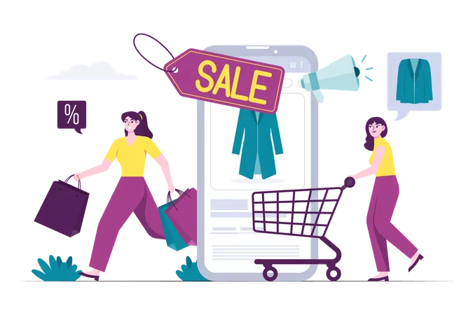 Woman Checking Out Product in Online Shopping with Trolley  Illustration