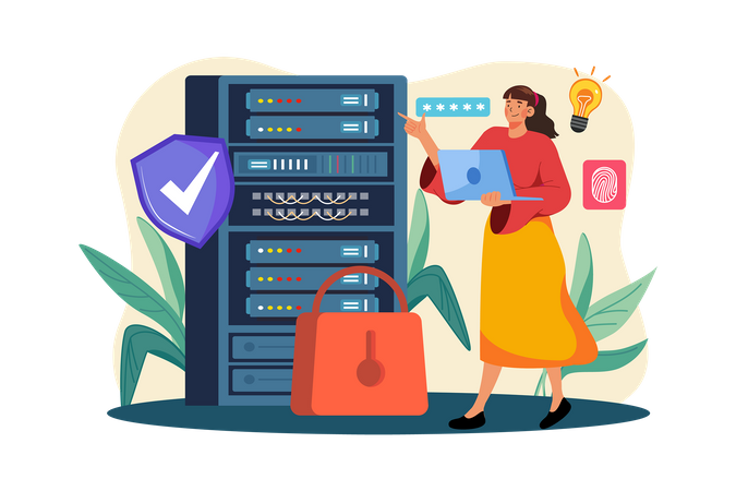 Woman checking Server security Illustration