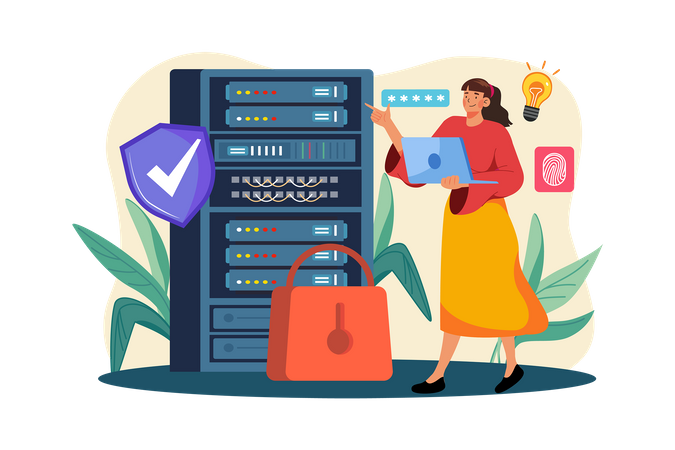 Woman checking Server security  Illustration