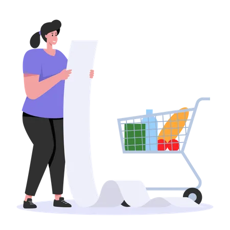 Woman checking shopping receipt  Illustration