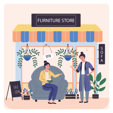 Woman checking sofa on furniture shop Illustration
