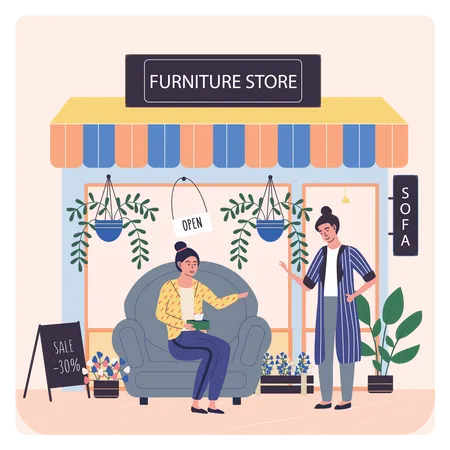 Woman checking sofa on furniture shop  Illustration