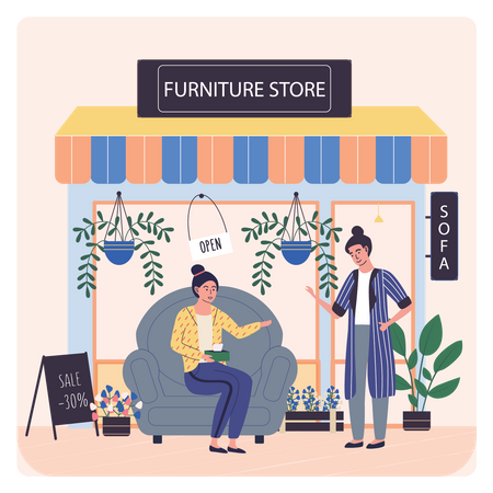 Woman checking sofa on furniture shop  Illustration