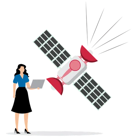 Woman checking Space Satellite Orbit  Illustration