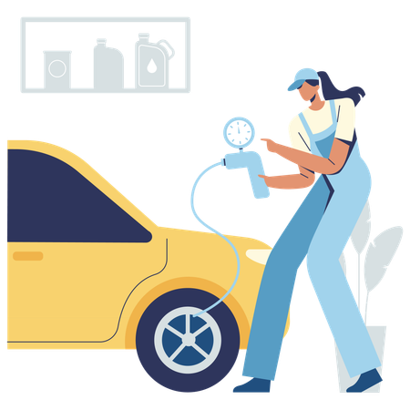 Woman checking tire pressure  Illustration