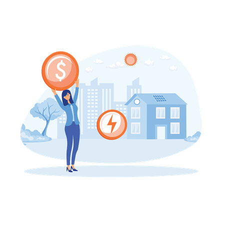 Woman checks heating meter and calculate household utility bill  Illustration