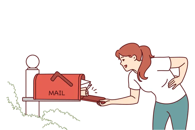 Woman Checks Street Mailbox Filled With Envelopes And Parcels Hoping To Receive Long Awaited Letter Girl Looks Into Mailbox With Smile And Rejoices At Abundance Of Letters From Friends Illustration