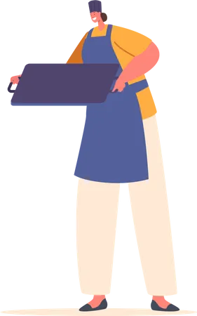 Woman Chef Carries Tray For Cooking Delicious Dishes Illustration