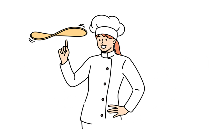 Woman chef cook prepares dough for pizza and standing among clouds of flour  Illustration