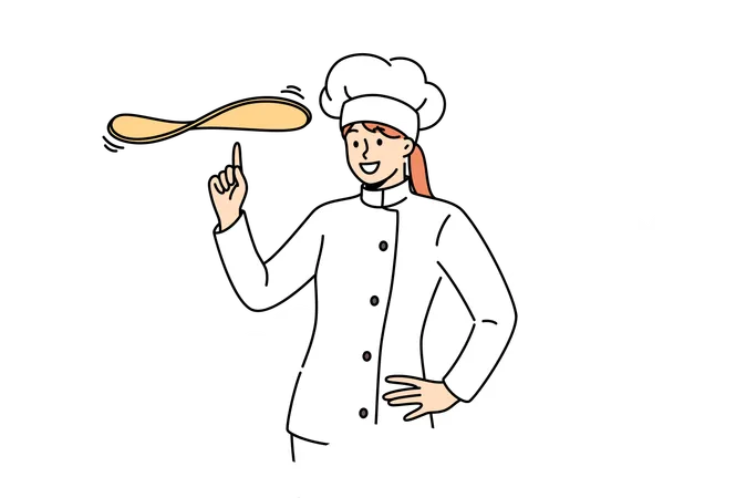 Woman chef cook prepares dough for pizza and standing among clouds of flour  일러스트레이션