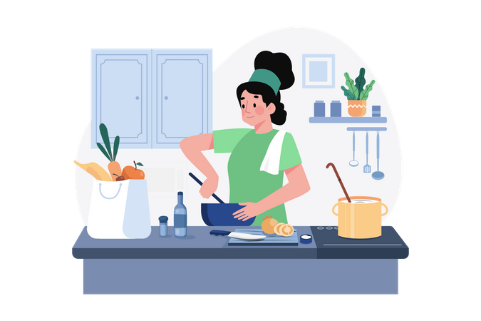 Woman chef cooking in kitchen Illustration