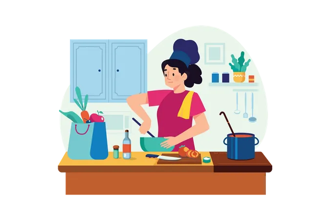 Woman chef cooking in kitchen Illustration