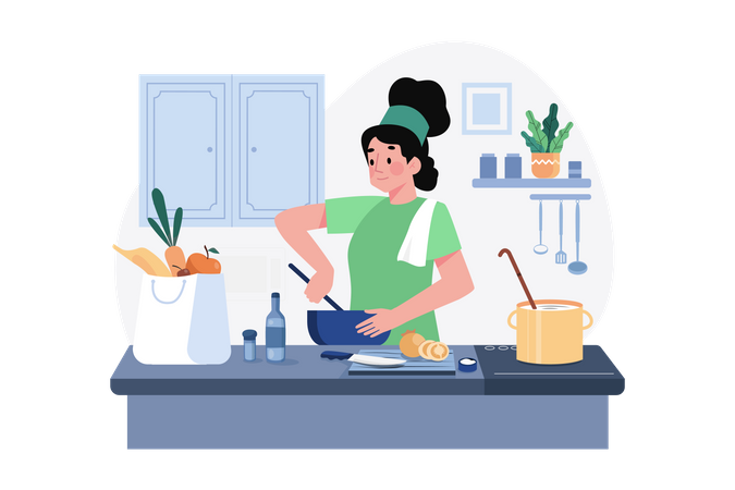 Woman chef cooking in kitchen  Illustration