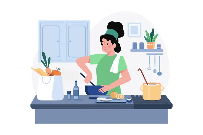 Woman chef cooking in kitchen  Illustration