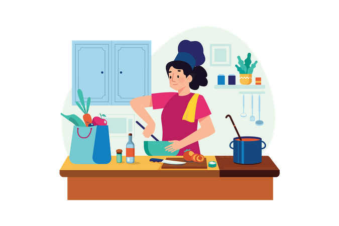 Woman chef cooking in kitchen  Illustration