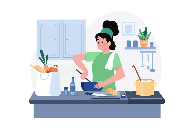 Woman chef cooking in kitchen  Illustration