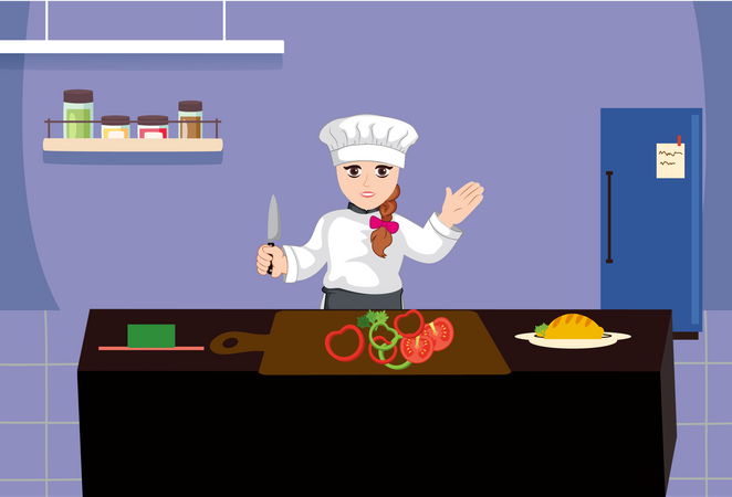 Woman chef cutting vegetables in kitchen  Illustration