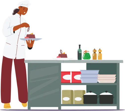 Woman chef decorating cooked jelly cake sweet dessert at restaurant kitchen  Illustration