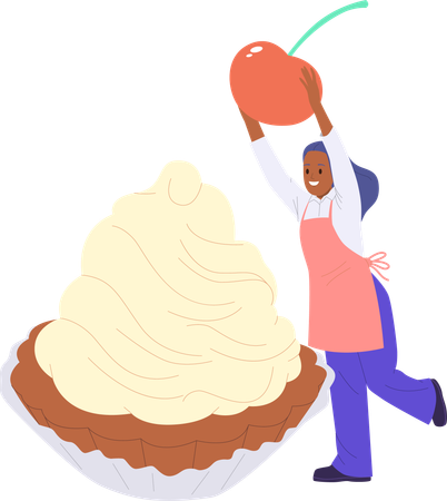 Woman chef decorating cupcake with cherry  Illustration