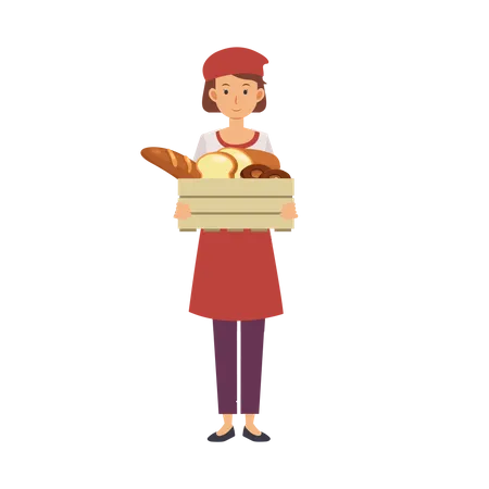 Bakery Chef Concept Baking Happy Female Bakery Chef Carrying Showing Her The Product Bread Flat Vector 2 D Cartoon Character Illustration Illustration
