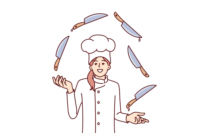 Woman chef juggles knives demonstrating professional skill  Illustration