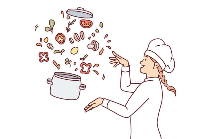 Woman chef prepares vegetable soup standing near flying pot with sliced mushrooms and herbs  Illustration