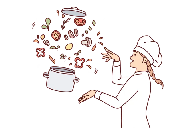 Woman Chef Prepares Vegetable Soup Standing Near Flying Pot With Sliced Mushrooms And Herbs Girl Chef Demonstrates Recipe For Vegetarian Soup With Useful Substances And Vitamins Illustration