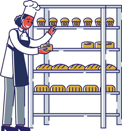 Woman Chef Putting Baked Cupcakes On Rack Illustration