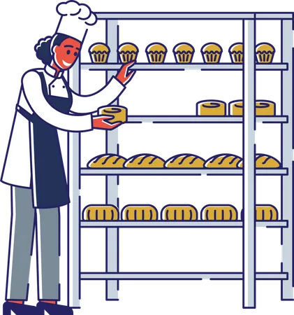 Woman Chef Putting Baked Cupcakes On Rack  Illustration