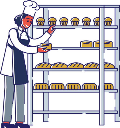 Woman Chef Putting Baked Cupcakes On Rack  Illustration