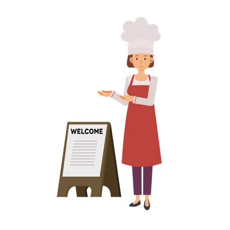 Woman Chef Is Calling Customers Into The Front Of Restaurant Welcome Sign Flat Vector Cartoon Character Illustration