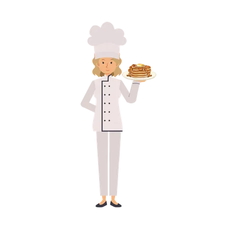Woman Characters Cooking Chef Is Serving Food Pancake Flat Vector Cartoon Character Illustration Illustration