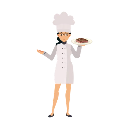 Woman Characters Cooking Chef Is Serving Food Beef Steak Flat Vector Cartoon Character Illustration Illustration