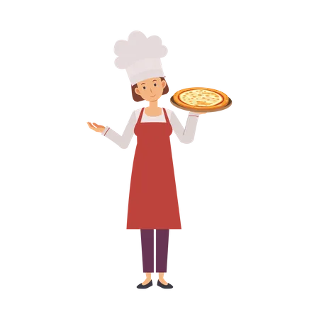Woman Characters Cooking Chef Is Serving Food Pizza Flat Vector Cartoon Character Illustration Illustration