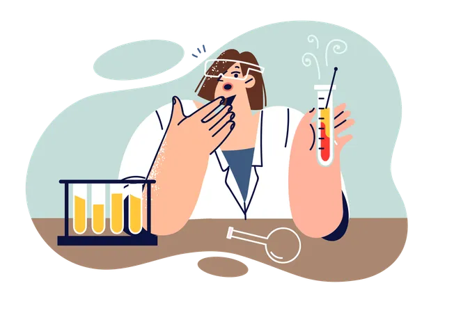 Woman Chemist Experiments With Test Tubes Sitting At Laboratory Table And Making Surprised Grimace Girl Chemist In White Coat Experiences Shock Seeing Reaction Of Reagents When Mixed Illustration