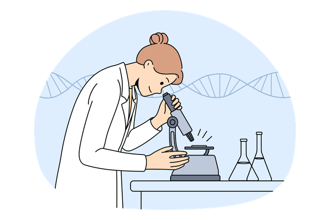 Woman chemist in uniform standing looking at microscope with flasks for tests in laboratory  Illustration