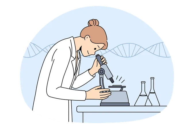 Woman chemist in uniform standing looking at microscope with flasks for tests in laboratory  Illustration
