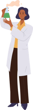 Woman chemistry teacher character wearing lab coat showing chemical experiment in flask  Illustration