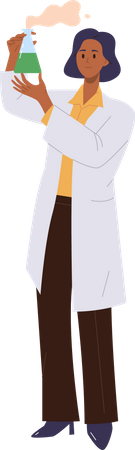 Woman chemistry teacher character wearing lab coat showing chemical experiment in flask  Illustration