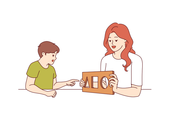 Woman child psychologist tests preschool boy checking child intelligence and mental health  Illustration