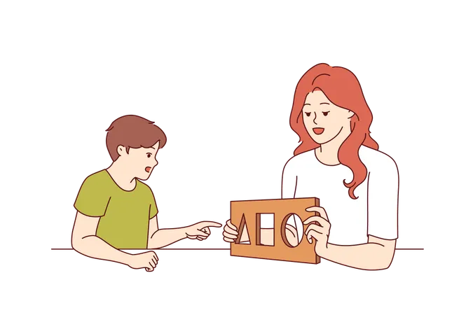 Woman child psychologist tests preschool boy checking child intelligence and mental health  Illustration