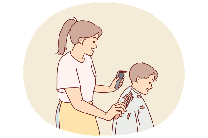 Woman children hairdresser cuts little boy hair  Illustration