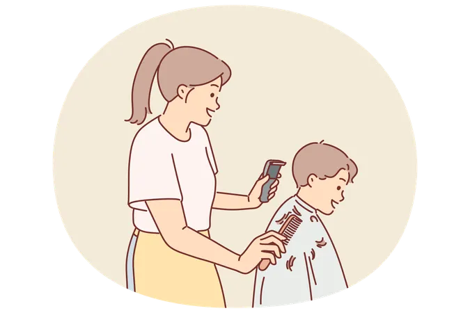 Woman children hairdresser cuts little boy hair  Illustration