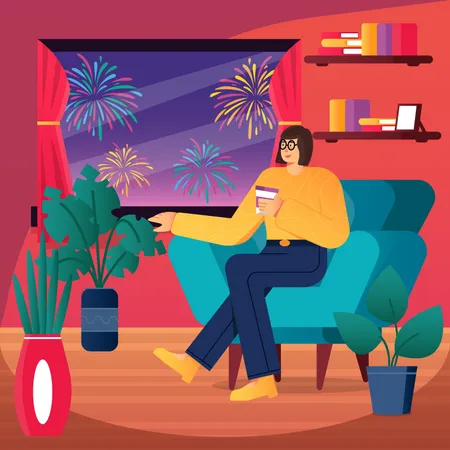 Woman chilling at house during new year celebration  Illustration