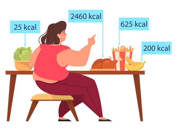 Woman choose between healthy and junk food  Illustration