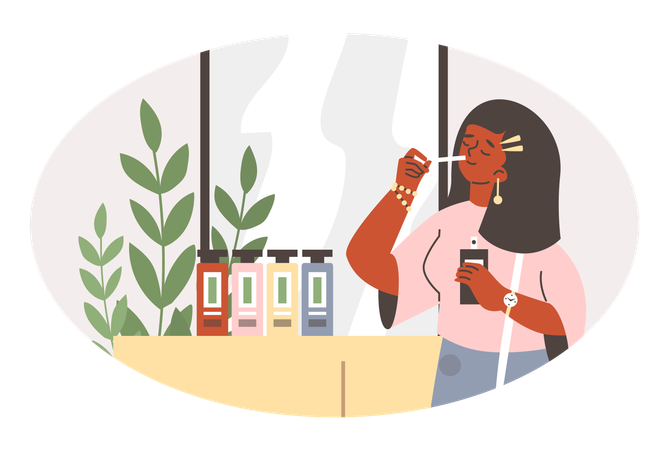 Woman choose fashion perfume on shopping in beauty cosmetics perfumery shop  Illustration