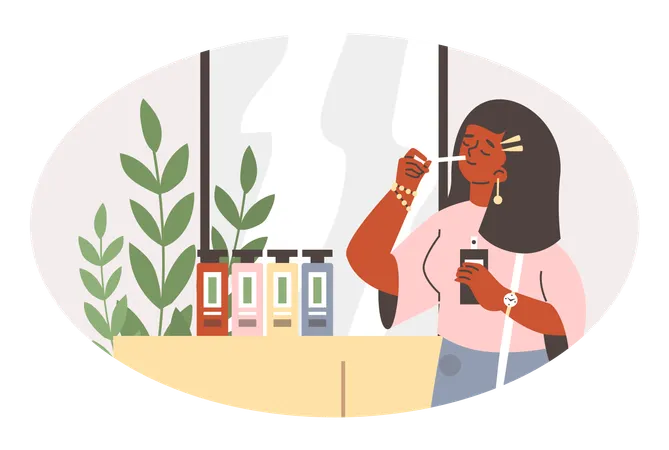 Woman choose fashion perfume on shopping in beauty cosmetics perfumery shop  Illustration